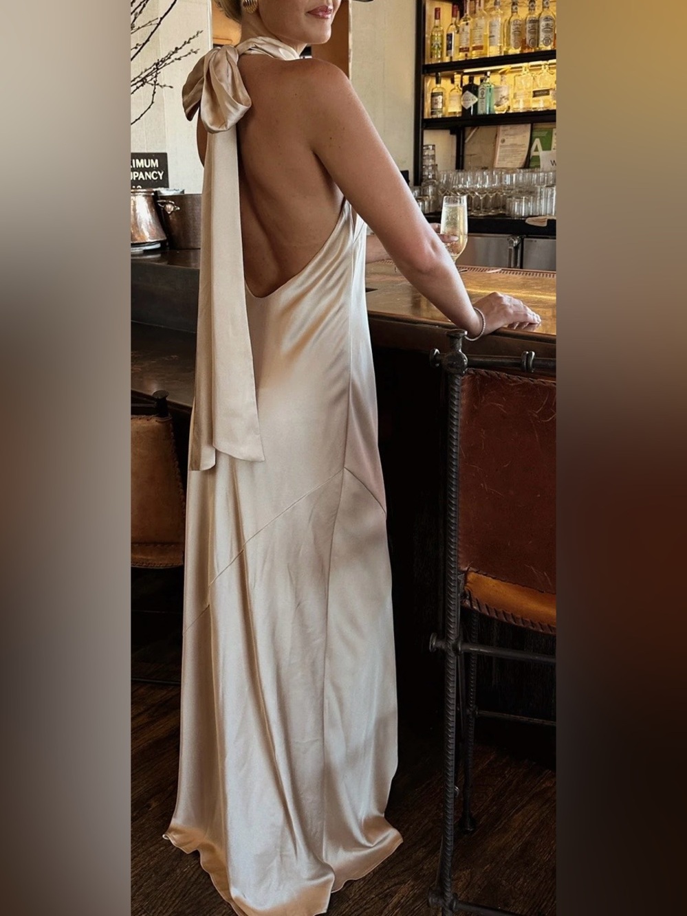 Elegant Backless Satin Dress in Champagne Luxe